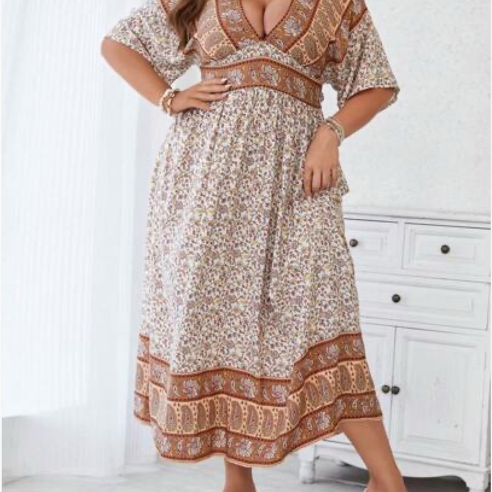 SHEIN Floral Print Midi Dress in Cream and Brown